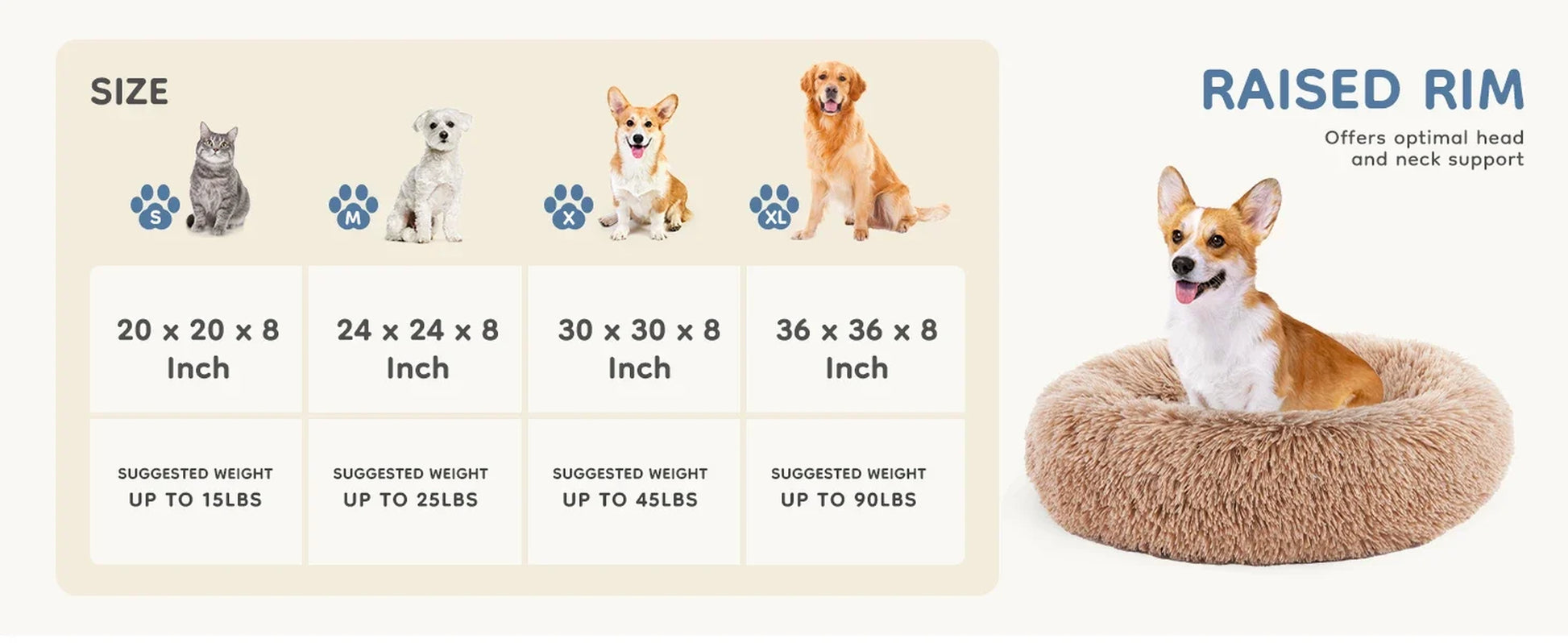 JHK Calming Dog Bed for Medium to Large Dogs Washable Large Pet Bed Anti-Slip round Fluffy Plush Faux Fur Dog Bed