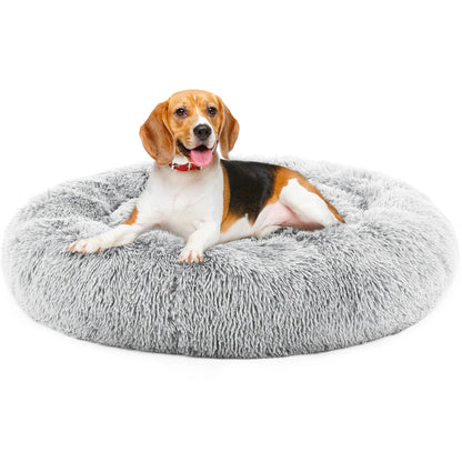 JHK Calming Dog Bed for Medium to Large Dogs Washable Large Pet Bed Anti-Slip round Fluffy Plush Faux Fur Dog Bed