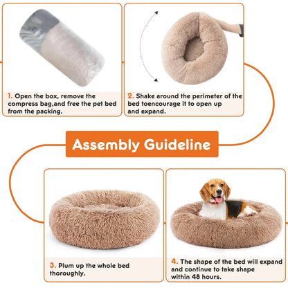 JHK Calming Dog Bed for Medium to Large Dogs Washable Large Pet Bed Anti-Slip round Fluffy Plush Faux Fur Dog Bed